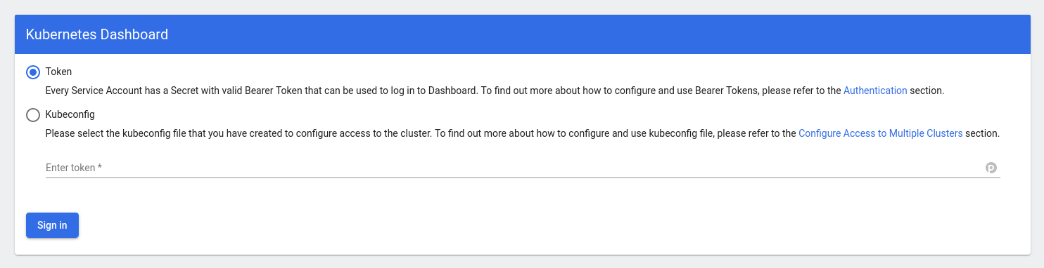 The login page of the Kubernetes dashboard